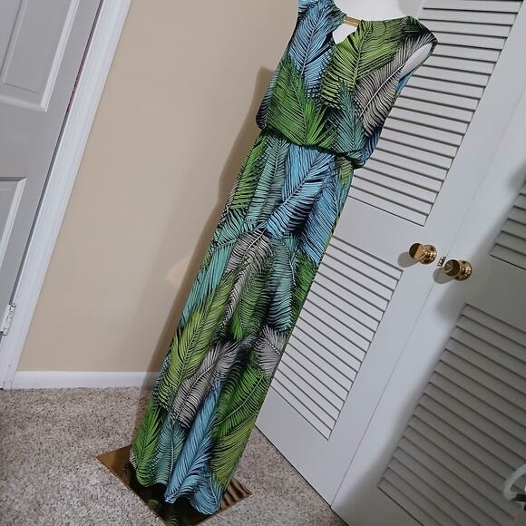 London Style Collection Med Sleeveless Slit Green/Blue Tropical print Maxi Dress - Picture 5 of 14